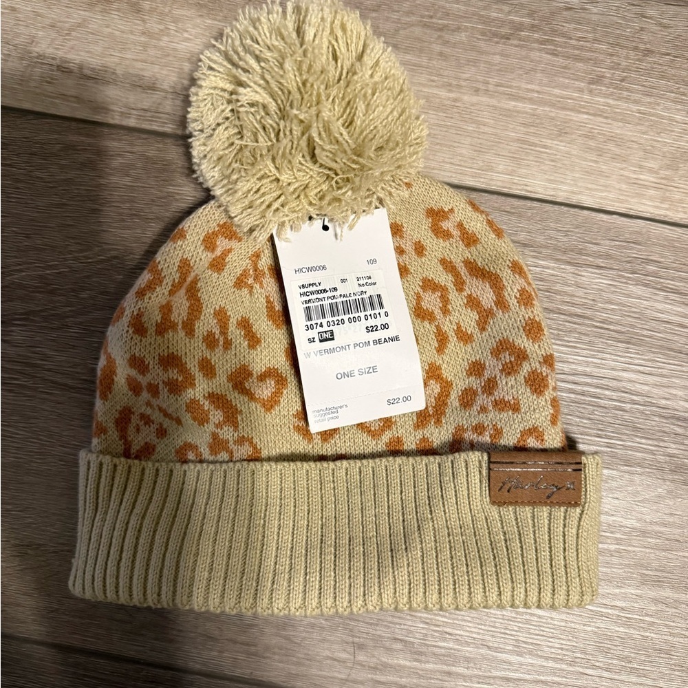 Nordstrom Beige and Orange Leopard Pom Pom Hat